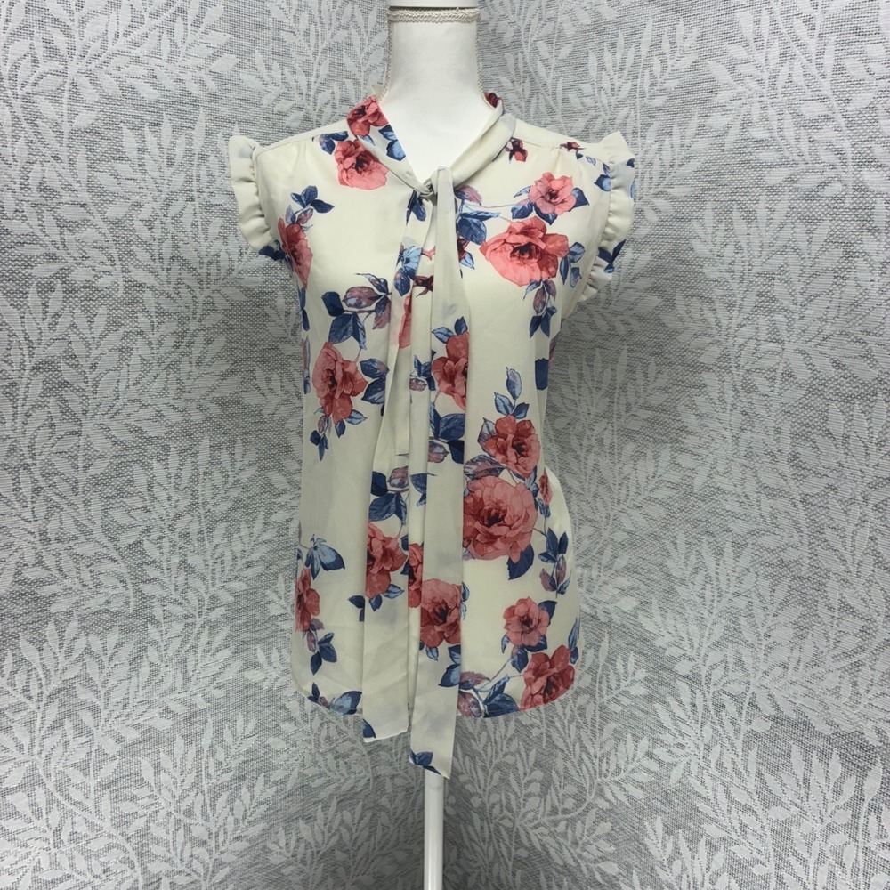 Euro Summer Floral Tie Neck Blouse Womens XL Ruffle Sleeve Romantic Cottage Chic